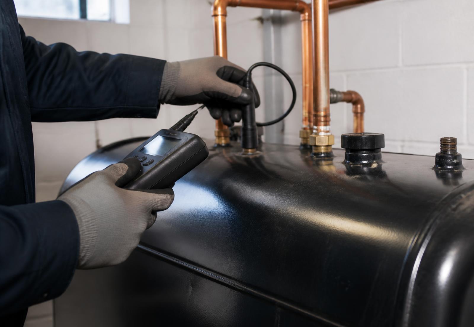 Erkend tanktechnicus keurt een mazouttank met ultrasoon meettoestel